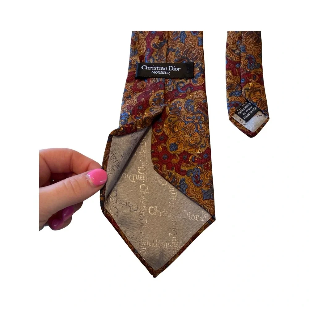 Christian Dior Monsieur Silk Tie Burgundy‎ Gold Baroque Paisley Vtg Made in USA